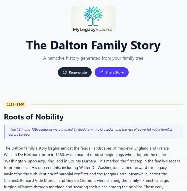 MyLegacySpace Story Scroll — AI-generated family history narrative with historical context