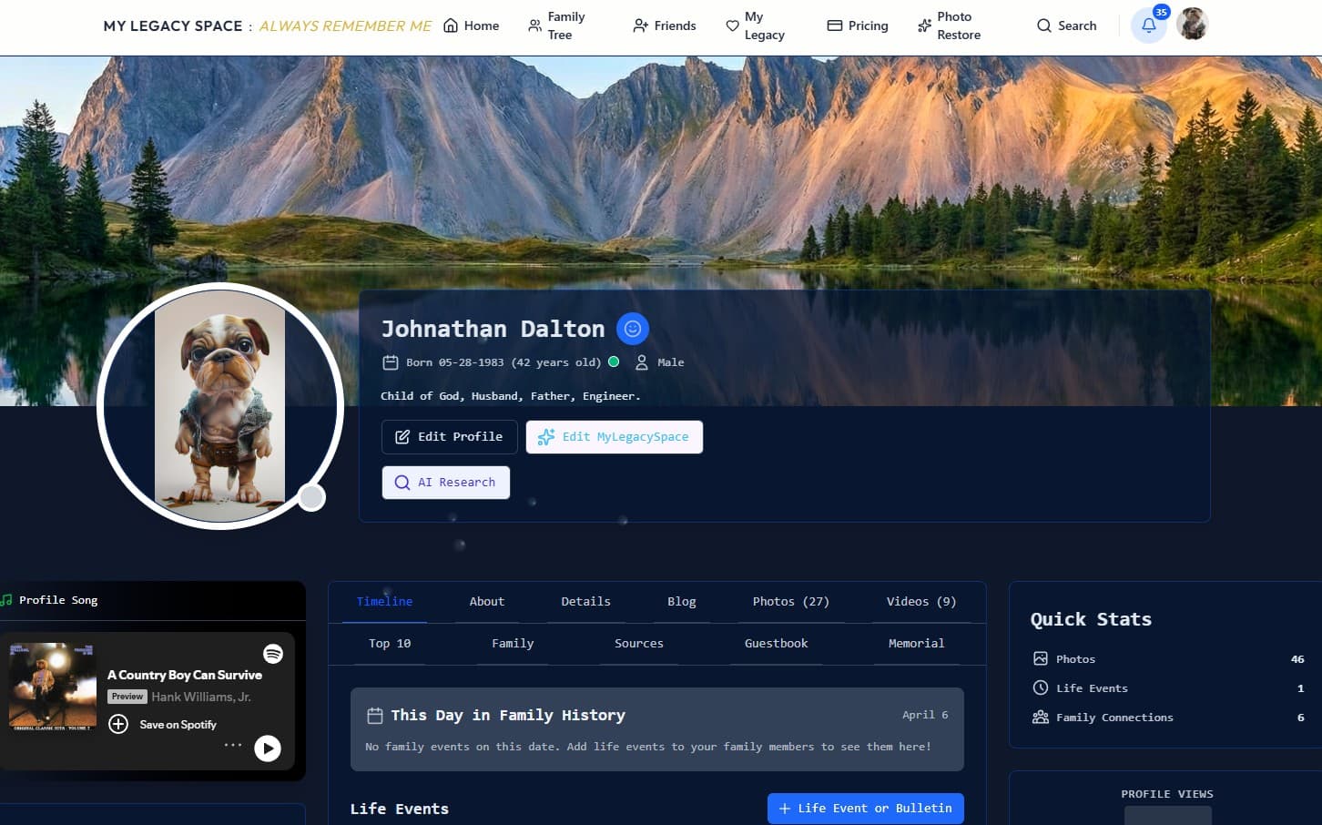 MyLegacySpace custom profile page — theme, song, and personal details
