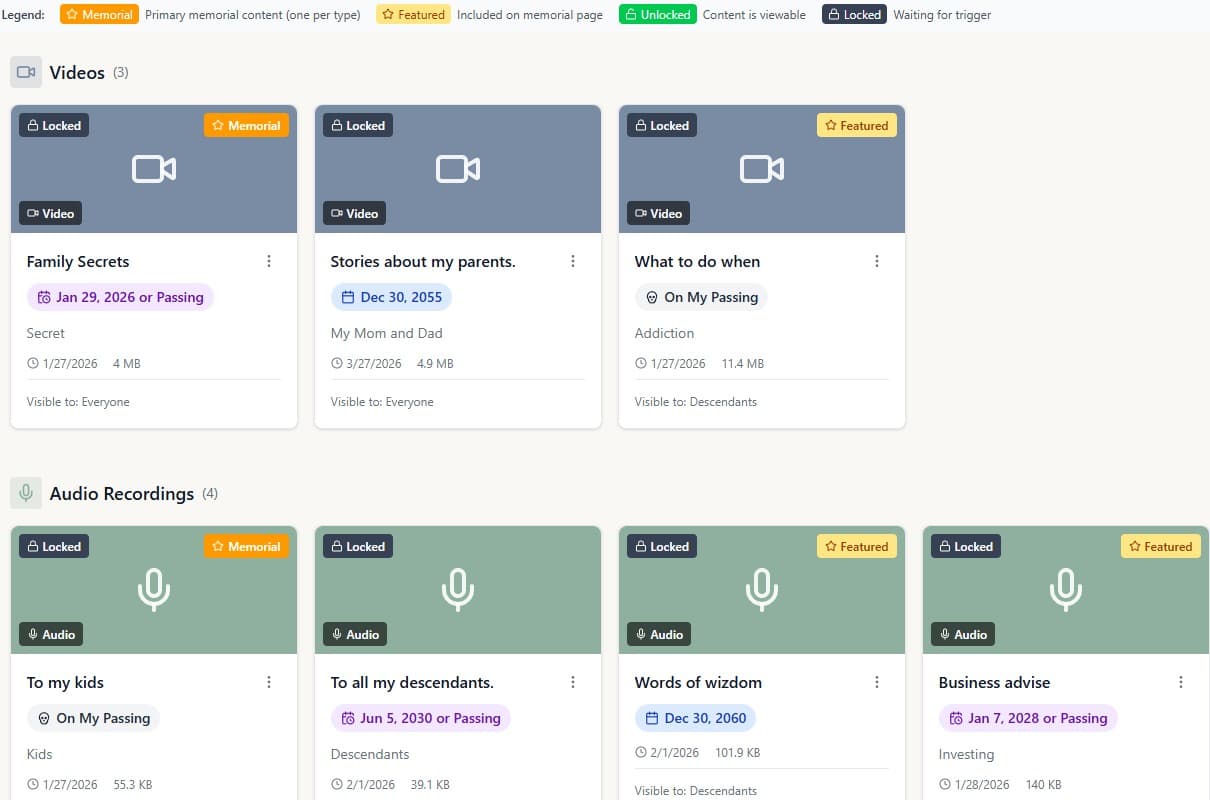 MyLegacySpace future messages interface — schedule video and written messages for family milestones