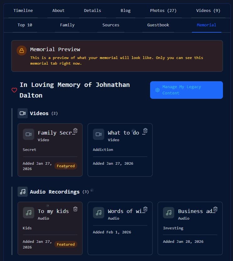 MyLegacySpace online memorial page interface — photo slideshow, guestbook, candles, and shareable URL