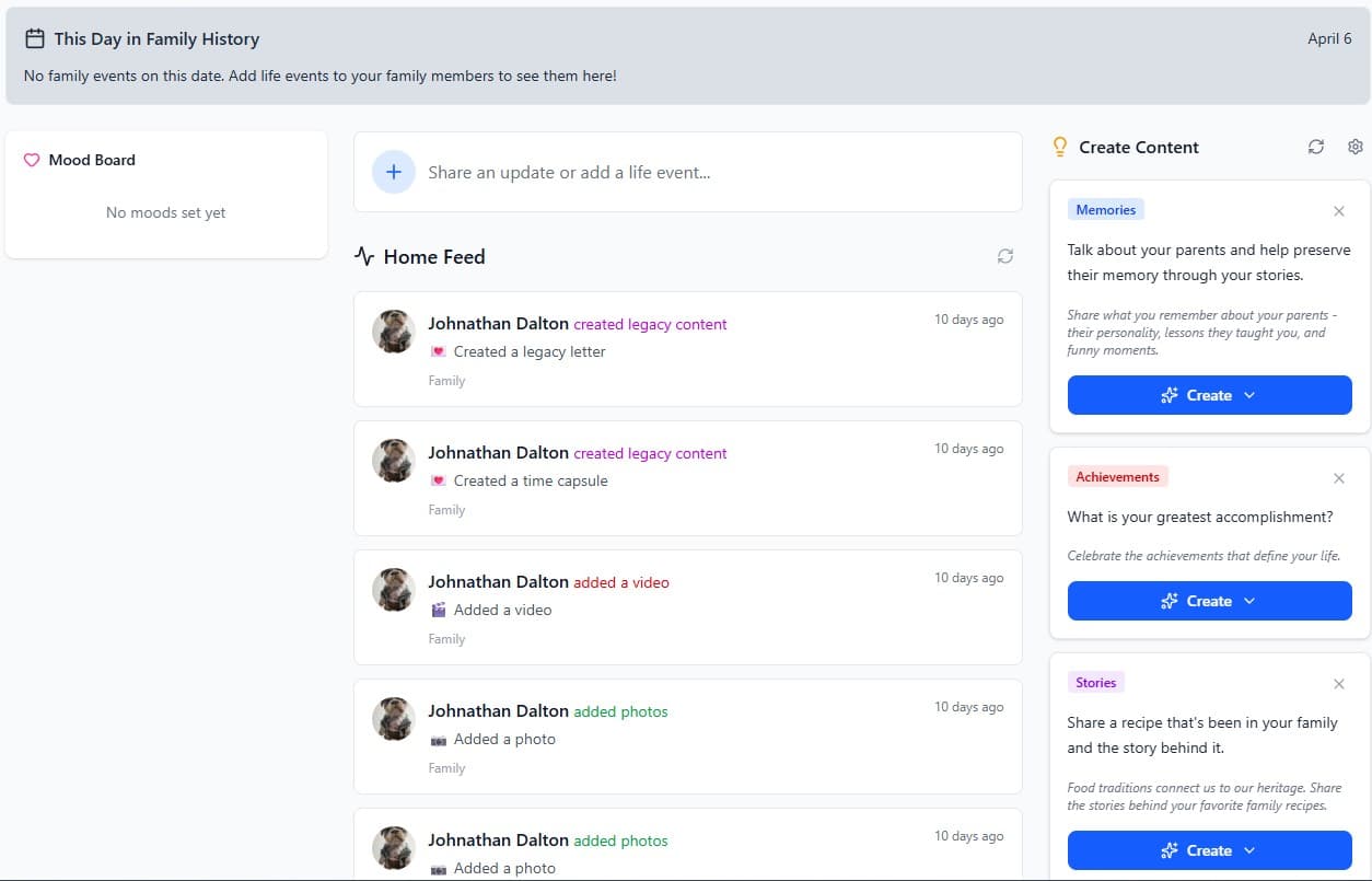 MyLegacySpace private family social feed — chronological posts, photos, and updates from the family tree